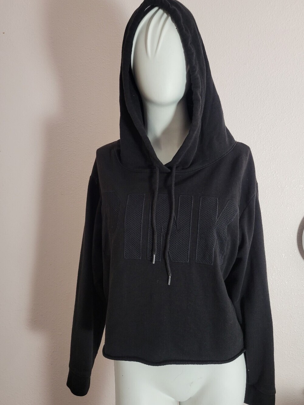 PINK Victoria's Secret Black Lace Up Back Cropped Hoodie Sweatshirt Size L